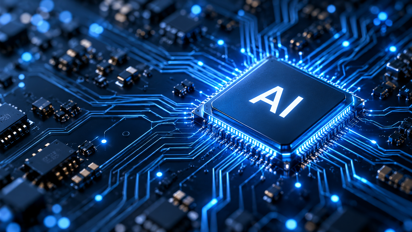青い回路基板にAIと書かれたチップが置かれ、AIと業務システムの連携を表している