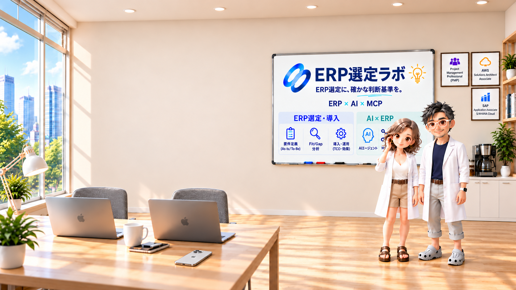 大きな窓からビル群を望むラボ。白衣にTシャツの男性とVネックシャツの女性が、ERPの図解とMacBookのそばに立つ
